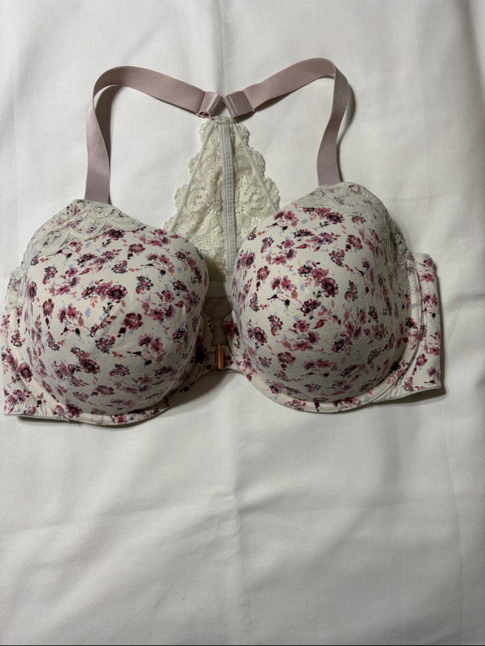 Cacique Cream Bra with Pink Floral Print and Lace Racerback.  Underwire/T-Shirt.